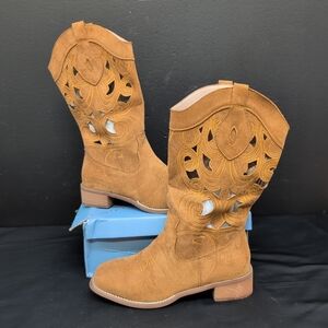 Women Hollow Cut Out Embroidered Western Cowboy Boots CN 39 Brown
